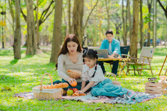 A family of three from Asia enjoyed using their laptops in the park and also enjoyed a picnic together in the park.