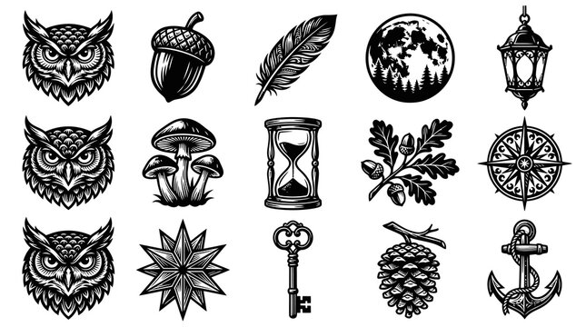 Black and White Tattoo Style Icons: Owls, Nature, Nautical, Mystical Objects