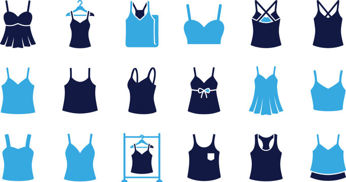 Set of women's tops icons in blue and navy colors, including camisoles, tank tops and bras, fashion apparel.