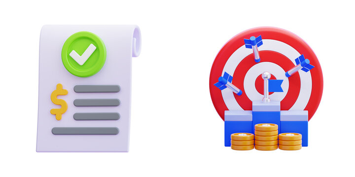 3D success icon with coins and target on transparent background