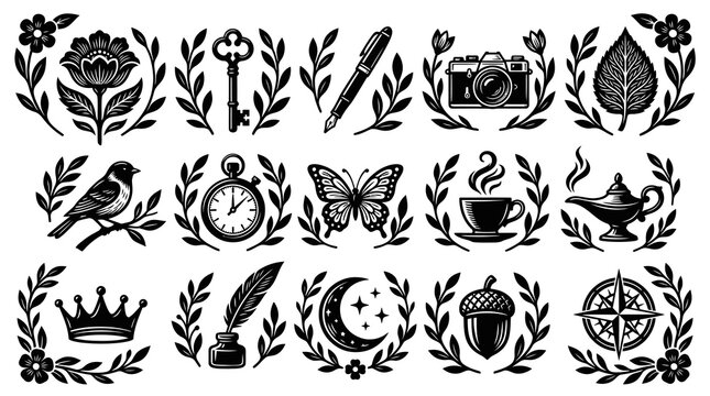 Black  White Vector Icons: Flower, Key, Pen, Camera, Leaf, Bird, Watch, Butterfly, Coffee, Lamp, Crown, Quill, Moon, Acorn, Compass