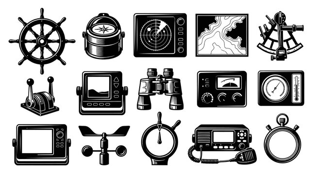 Nautical Equipment Icons Set: Ship Wheel, Compass, Radar, Map, Sextant, Binoculars, Radio