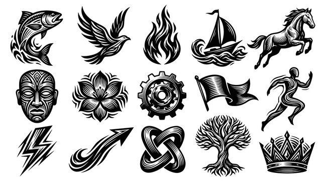 Black and White Line Art Icons: Fish, Bird, Fire, Sailboat, Horse, Mask, Flower, Gear, Flag, Runner, Lightning, Arrow, Knot, Tree, Crown