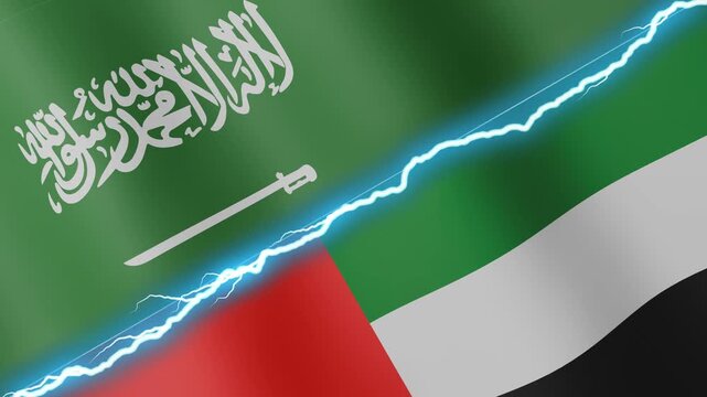Two waving flags Saudi Arabia and United Arab Emirates with diagonal lightning seamless, 4k loop