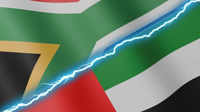 Two waving flags South Africa and United Arab Emirates with diagonal lightning seamless, 4k loop
