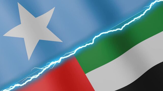 Two waving flags Somalia and United Arab Emirates with diagonal lightning seamless, 4k loop