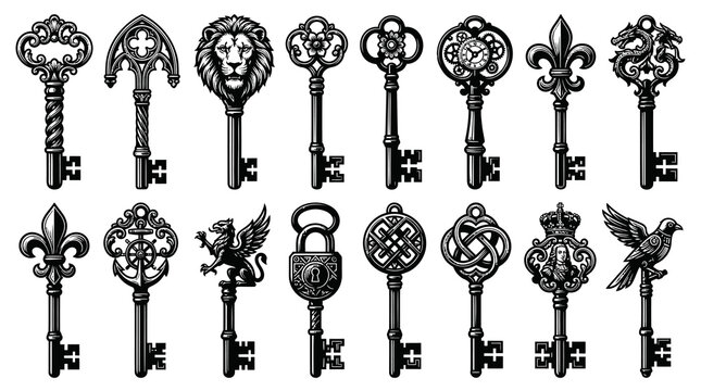 Black and White Engraving Style Collection: Vintage Ornate Skeleton Keys and Lock - History, Mystery, Security