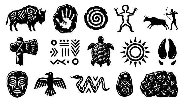 Ancient Indigenous Tribal Symbols  Totems Black  White Glyph Vector Icons Set - History  Archaeology Theme