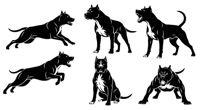 Set of Aggressive Pitbull Dog Silhouettes in Various Dynamic Poses