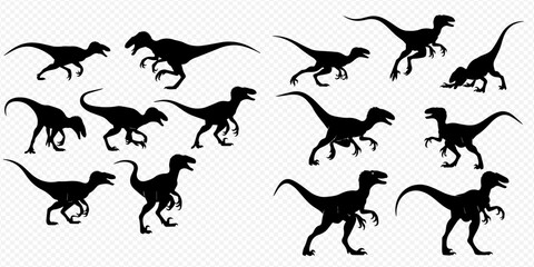 Set of various dinosaur silhouettes in different poses, prehistoric animal collection. © Akun