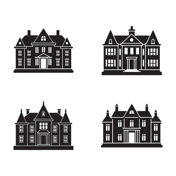 Four black and white silhouettes of different house designs with multiple windows and chimneys on a white background