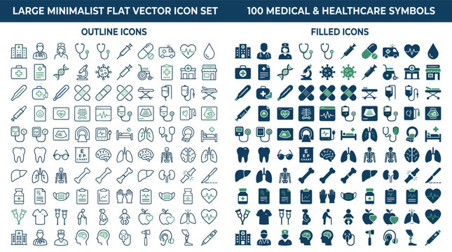 Comprehensive medical and healthcare icon set featuring 100 essential symbols in clean flat design.