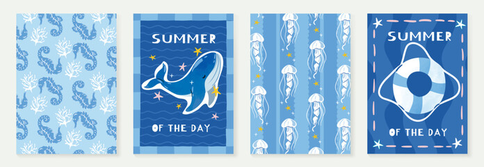 Blue summer beach poster and pattern set vector. Hand drawn seahorse, whale, jellyfish, lifebuoy and ocean background design for video template, banner, kids ads. © TWINS DESIGN STUDIO