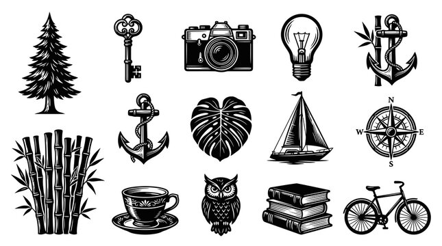 Nature, Travel, and Lifestyle Icons Collection: Vintage Black and White Engraved Style Illustrations Set