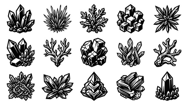 Black and White Line Art Crystal and Mineral Formations. Geology, Fantasy Gemstone Vector Icons Set