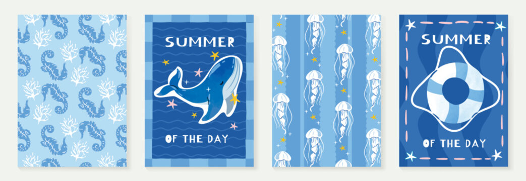 Blue summer beach poster and pattern set vector. Hand drawn seahorse, whale, jellyfish, lifebuoy and ocean background design for video template, banner, kids ads.