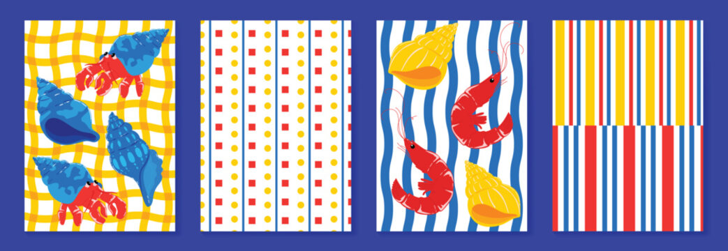 Bright sea life card and pattern set vector. Hand drawn fish, crab, lobster, dot and stripe background design for video template, banner, summer ads.