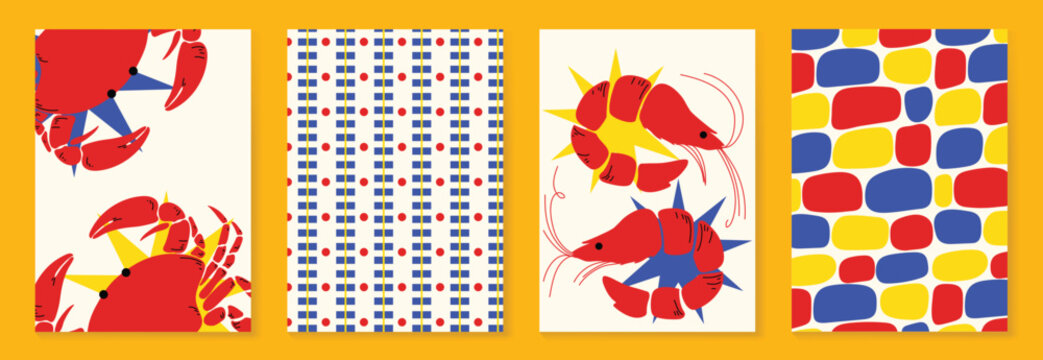 Colorful sea life card and pattern set vector. Hand drawn crab, lobster, fish and geometric checker background design for video template, banner, seafood ads.