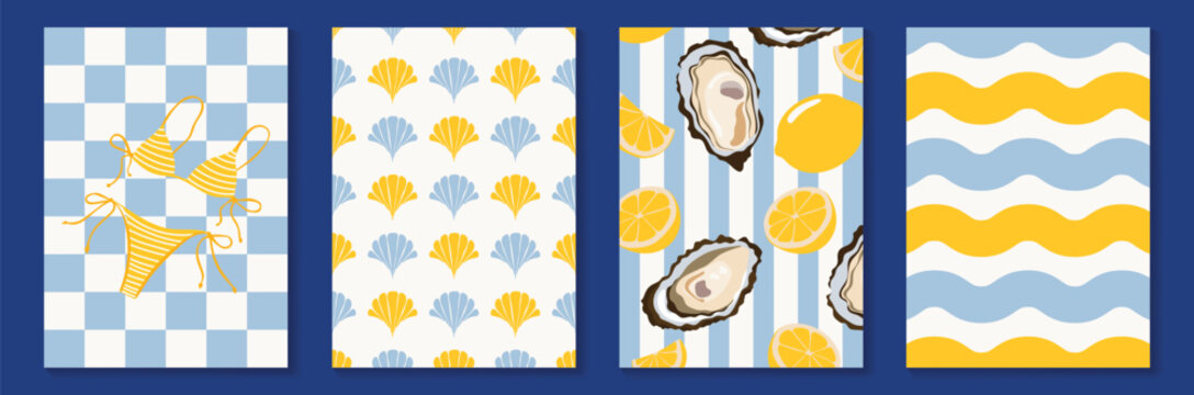 Cute oyster beach poster and pattern set vector. Hand drawn starfish, shell, oyster, lemon and wave background design for video template, banner, seafood ads.