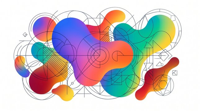 Abstract Fluid Shapes Over Blueprint Grid, Vibrant Gradient Colors, Modern Design Concept
