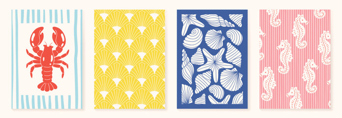 Cute sea life poster and seamless pattern set vector. Hand drawn lobster, fish, shell, starfish and seahorse background design for video template, banner, seafood ads. © TWINS DESIGN STUDIO