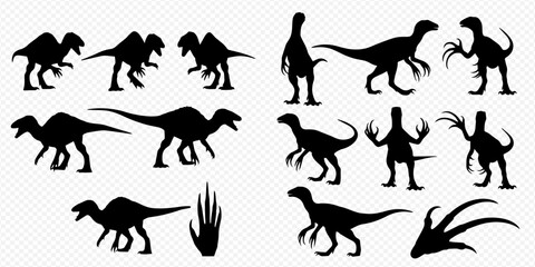 Set of black silhouettes of various dinosaurs and their footprints, isolated on a transparent background. © Akun