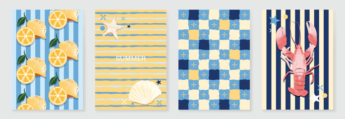 Obraz premium Cute summer beach poster and pattern set vector. Hand drawn lemon, shell, crab, starfish, lobster and striped background design for video template, banner, travel ads.