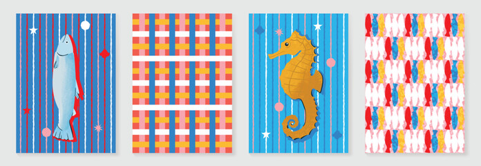 Cute marine animal poster and pattern set vector. Hand drawn fish, seahorse, coral and colorful plaid background design for video template, banner, ocean ads. © TWINS DESIGN STUDIO