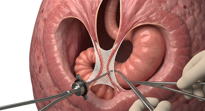 Rectal Prolapse Repair Surgery With Surgical Mesh In Transanal Colorectal Procedure Showing Anatomy And Instruments

