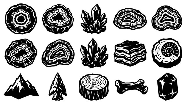 Black and White Vector Icons of Geological Specimens and Natural Objects