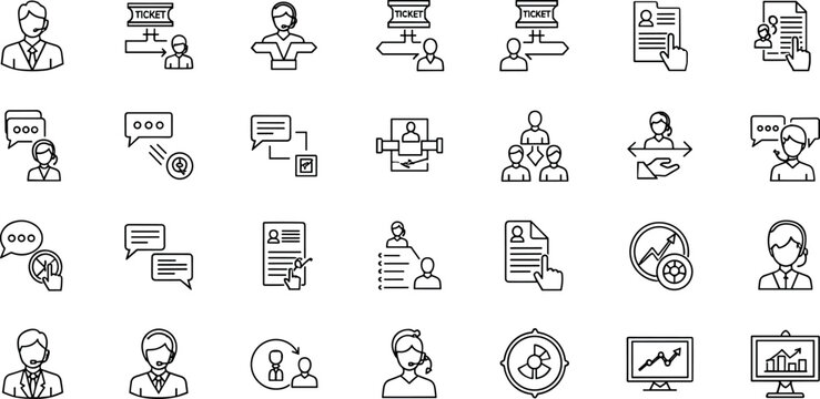 Customer support operator workflow outline icon set including helpdesk communication analytics vector line icon collection