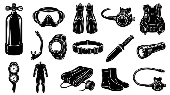 Black and White Vector Icons of Scuba Diving Equipment for Underwater Adventures