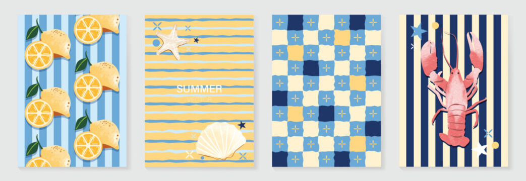 Cute summer beach poster and pattern set vector. Hand drawn lemon, shell, crab, starfish, lobster and striped background design for video template, banner, travel ads.