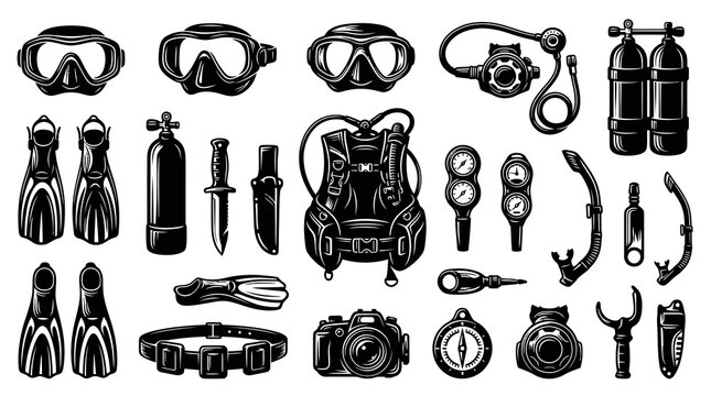 Black and White Scuba Diving Equipment Line Art Vector Set. Underwater Gear  Accessories Collection.