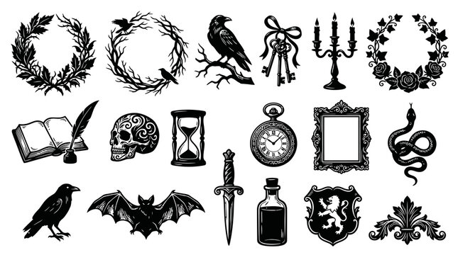 Vintage Gothic Occult Symbols Set. Hand-drawn Black  White Engraved Mystical Elements Collection