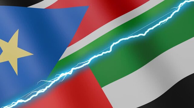 Two waving flags Sudan and United Arab Emirates with diagonal lightning seamless, 4k loop