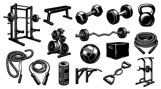 Fitness Equipment Black and White Line Art Icons Vector Set