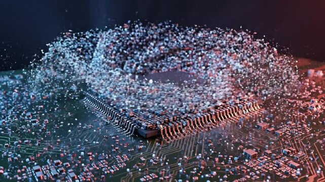 Futuristic Cpu Microchip 3d Render With Glowing Blue And Red Particles Swirling In A Digital Disintegration Effect On A Green Motherboard