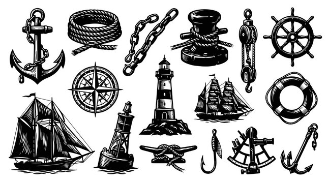Nautical Vector Set: Ships, Anchors, Lighthouses, Compasses, and Chains - BW Line Art