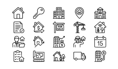 Modern home and real estate line icons set with editable outline symbols for property and housing concepts © Rakibul