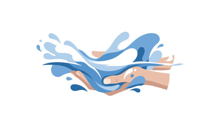 Obraz premium Stylized graphic of hands gently cradling and splashing vibrant blue water, symbolizing purity, environmental conservation, and the precious nature of life-giving natural resources