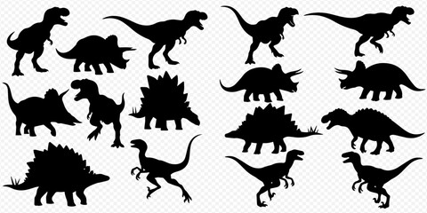 Set of various dinosaur silhouettes, including Tyrannosaurus Rex, Triceratops, Stegosaurus, and Velociraptor, on a transparent background. © Akun