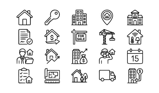 Modern home and real estate line icons set with editable outline symbols for property and housing concepts