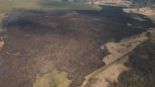 Aerial view of scorched land after wildfire in Somerset, UK