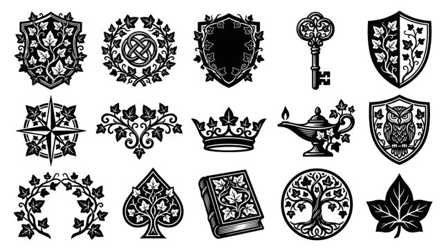 Mystical Fantasy Black  White Line Art Ivy Themed Decorative Elements, Crests, Shields,  Magic Symbols Vector Set