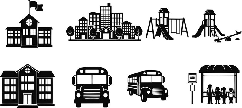 School buildings and city landscape with playground and bus transport vector silhouette set.