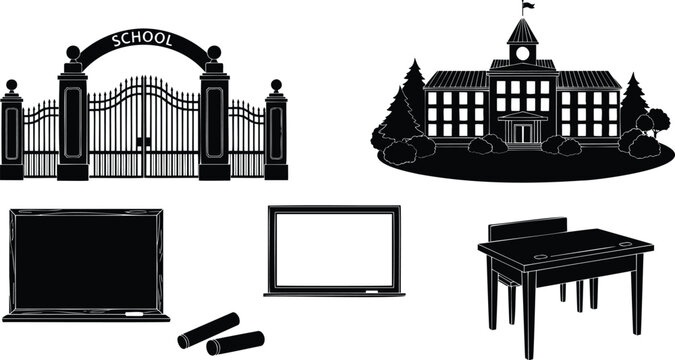 School campus architecture and gate silhouette vector illustration with classroom furniture.