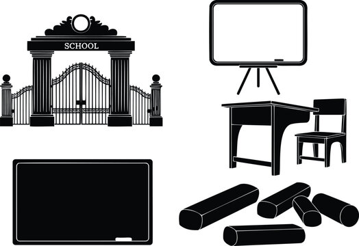 School gate, blackboard, desk silhouette illustration vector classroom.