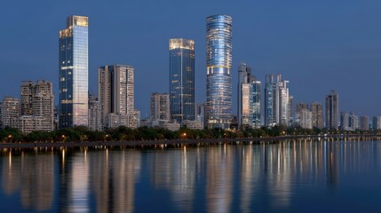 Obraz premium Stunning Cityscape Reflection at Twilight Over Calm Water During Night in Urban Environment