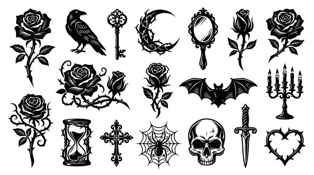 Gothic Symbols Black and White Vector Art Collection for Dark Fantasy and Halloween Design